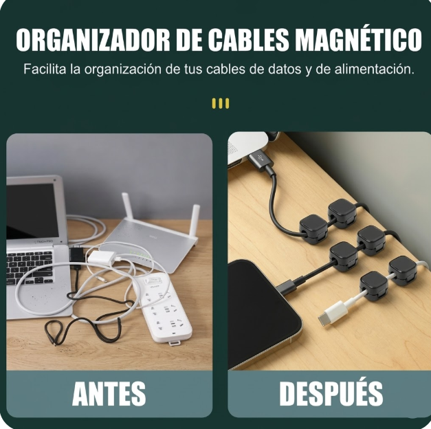 Organizador de cables magnético, antes y después de ordenar cables en escritorio