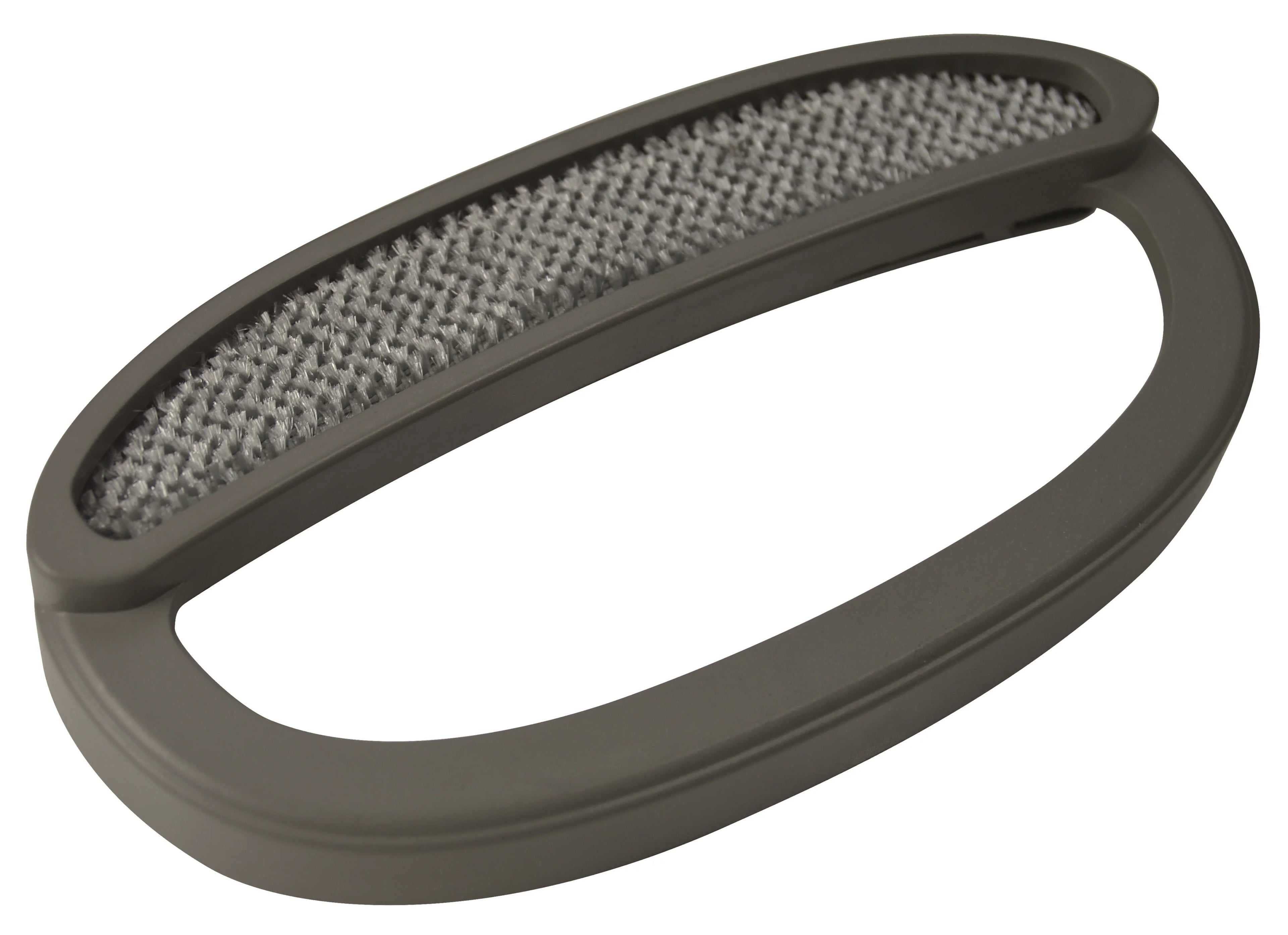 Cepillo quitapelusa ovalado de color gris para limpieza de hogar moderno.
