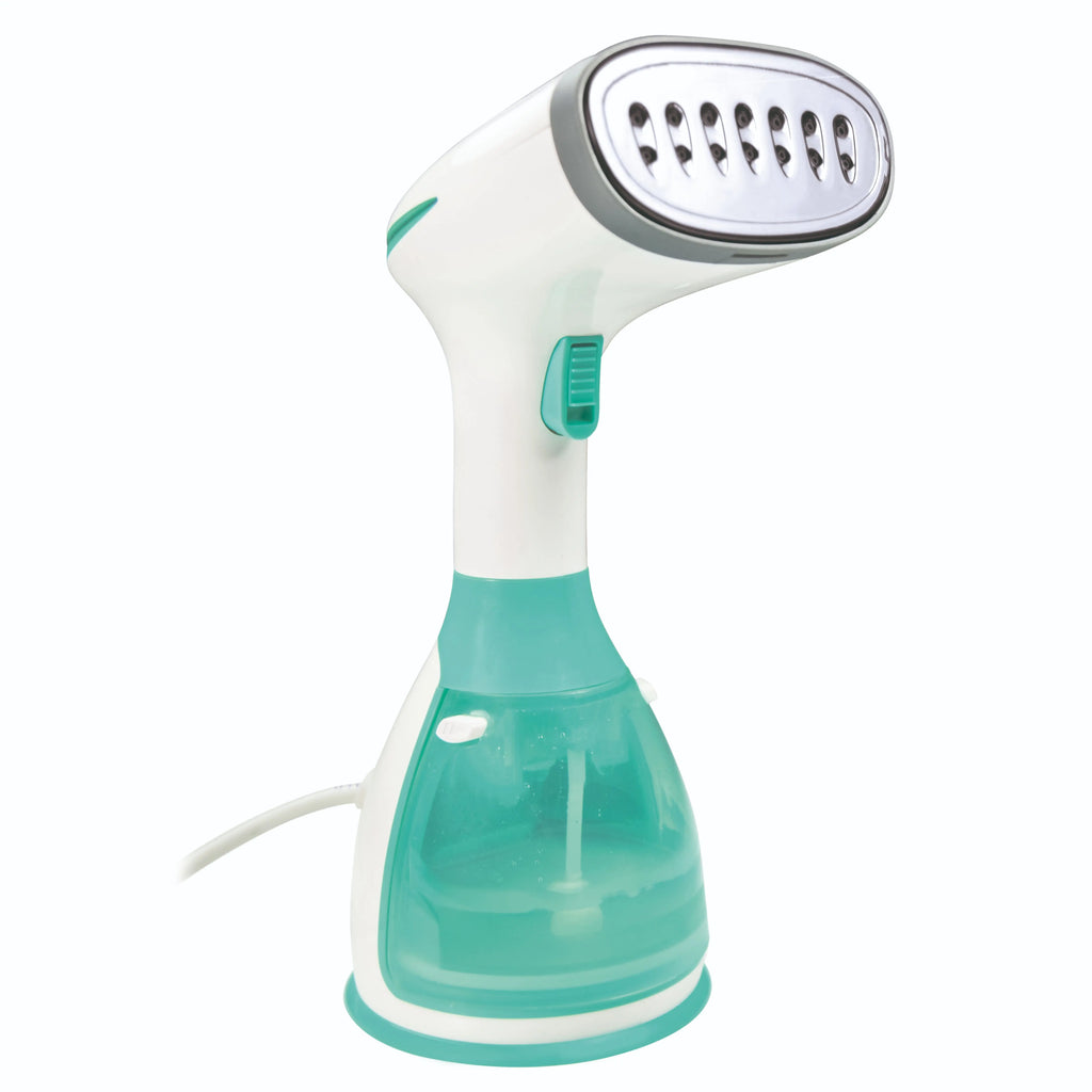vaporizador de ropa portátil blanco y verde, accesorio de limpieza para hogar moderno