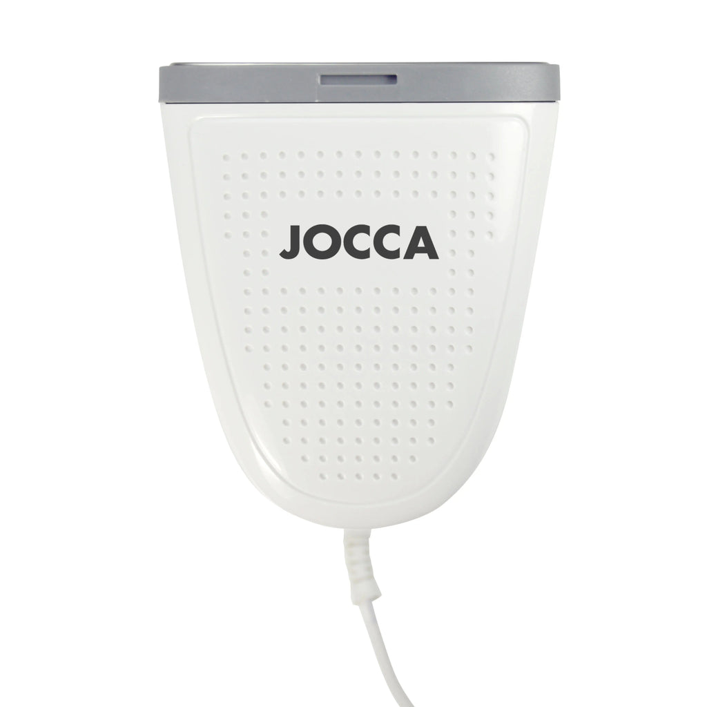 Deshumidificador eléctrico portátil blanco con tapa gris y cable, ideal para hogar