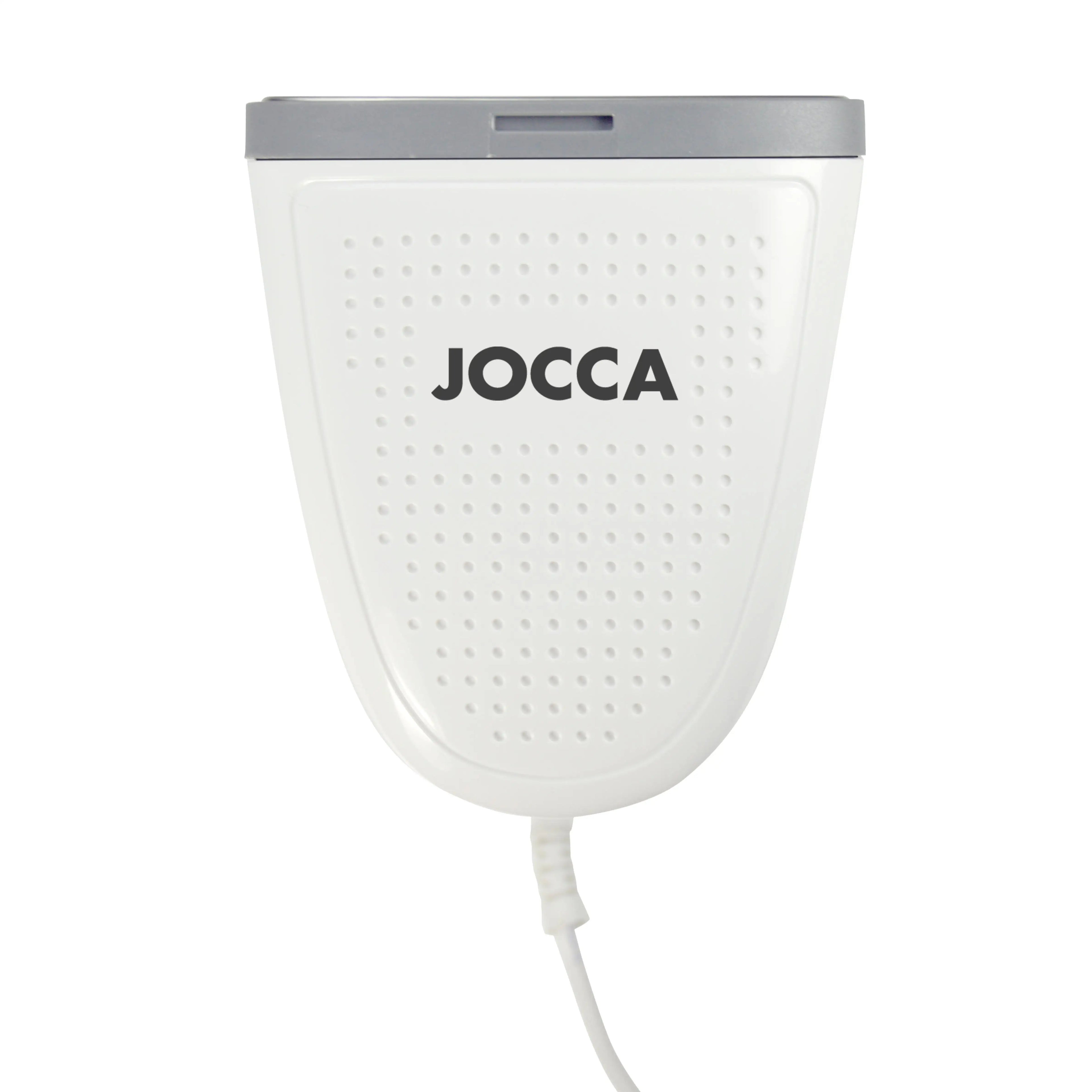 Deshumidificador eléctrico portátil blanco con tapa gris y cable, ideal para hogar