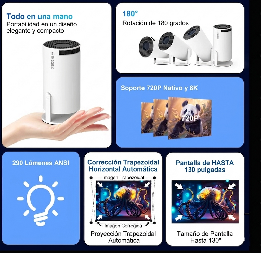 Proyector Portátil Android 14 4K - Cine en Casa 1080P con WiFi 6 y Bluetooth