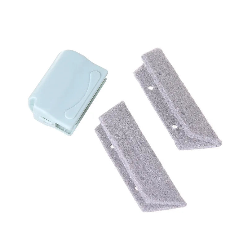 Cepillo limpiador compacto azul claro con dos recambios grises para ventanas o persianas