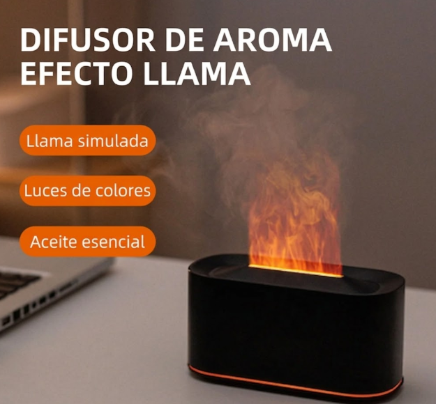 Difusor de aroma efecto llama negro con luces LED y vapor sobre una mesa moderna