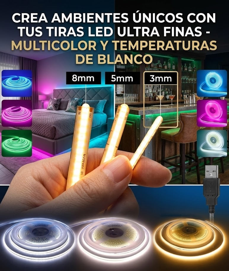 Tiras LED ultra finas multicolor y blanco para decoración de habitaciones y bares, con conexión USB.
