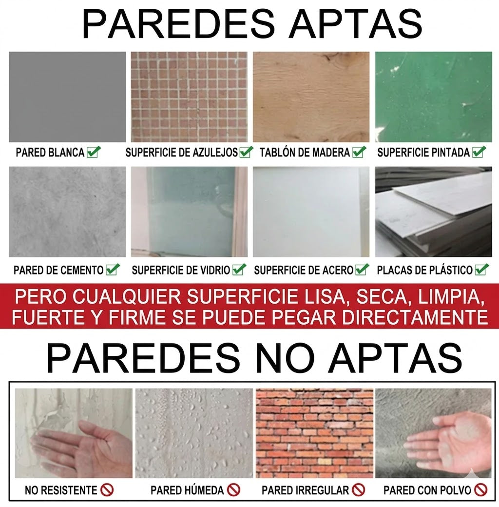 Guía visual de paredes aptas y no aptas para instalación: blanca, azulejos, madera, cemento, vidrio, acero, plástico vs paredes húmedas, irregulares o polvosas.