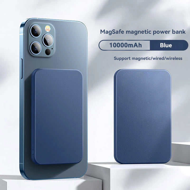 Batería externa magnética MagSafe azul 10000mAh para móvil, carga inalámbrica y por cable.