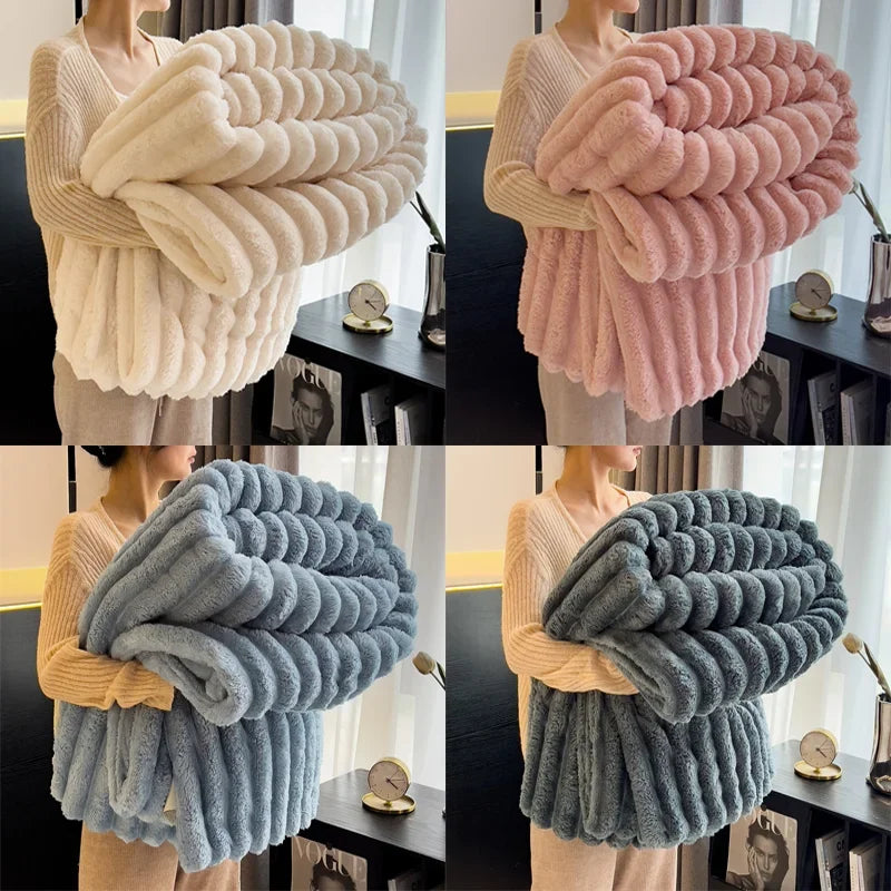 Manta de felpa suave y esponjosa en colores beige, rosa, azul claro y gris para el hogar moderno