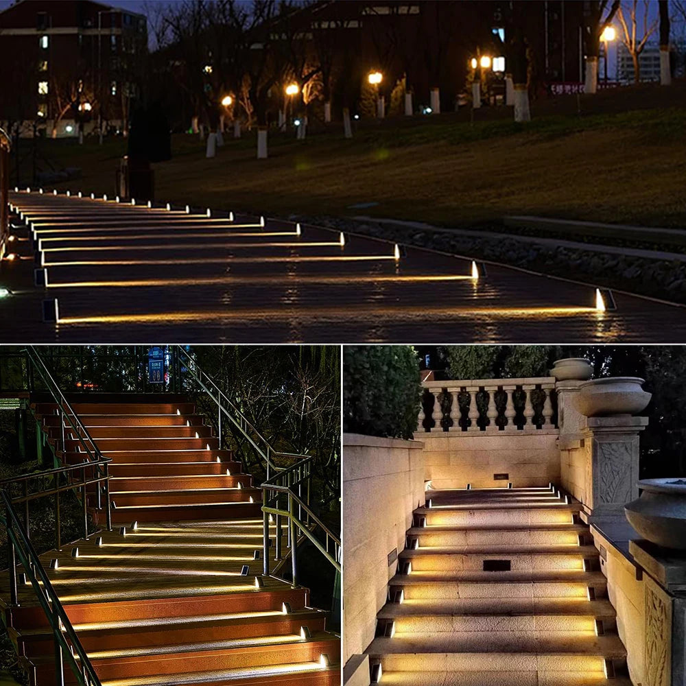 Escaleras exteriores iluminadas con luces LED cálidas, ideales para jardines y entradas modernas.