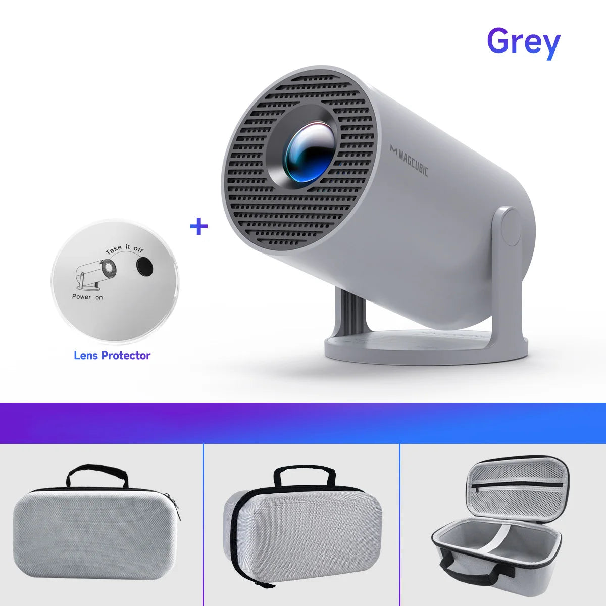 Proyector LED portátil gris con protector de lente y estuche, ideal para hogar moderno