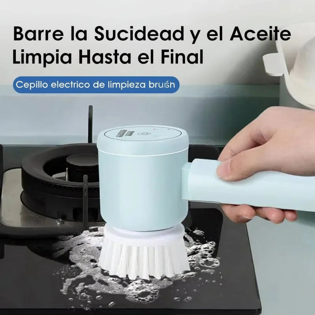 Cepillo eléctrico de limpieza usado en cocina con espuma limpiando estufa.