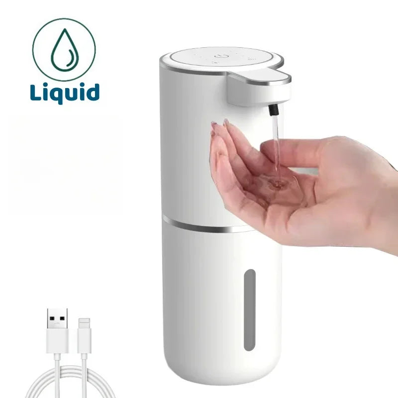 Dispensador automático de jabón líquido blanco USB, ideal para baños modernos y hogares inteligentes.
