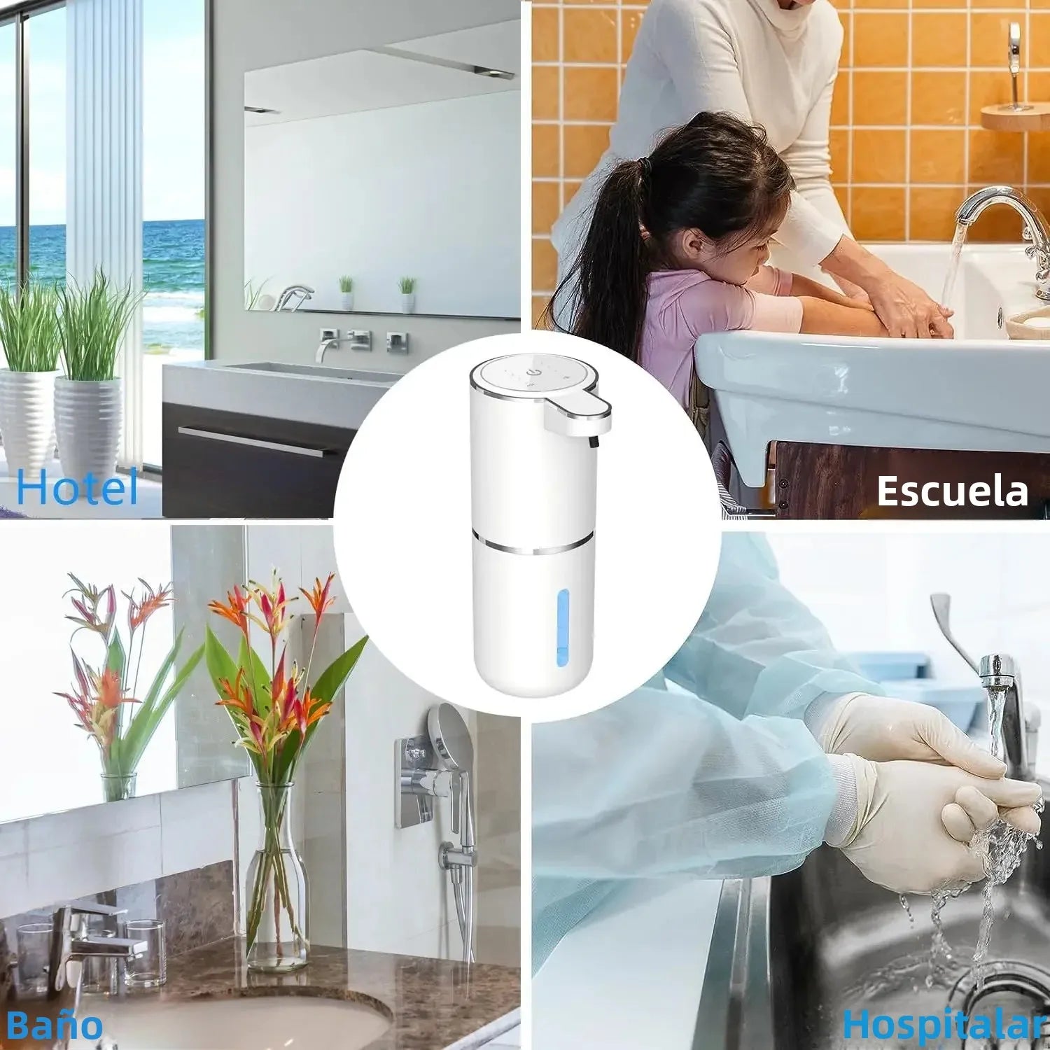 Dispensador automático de jabón líquido para baño, hotel, escuela y hospital, color blanco.