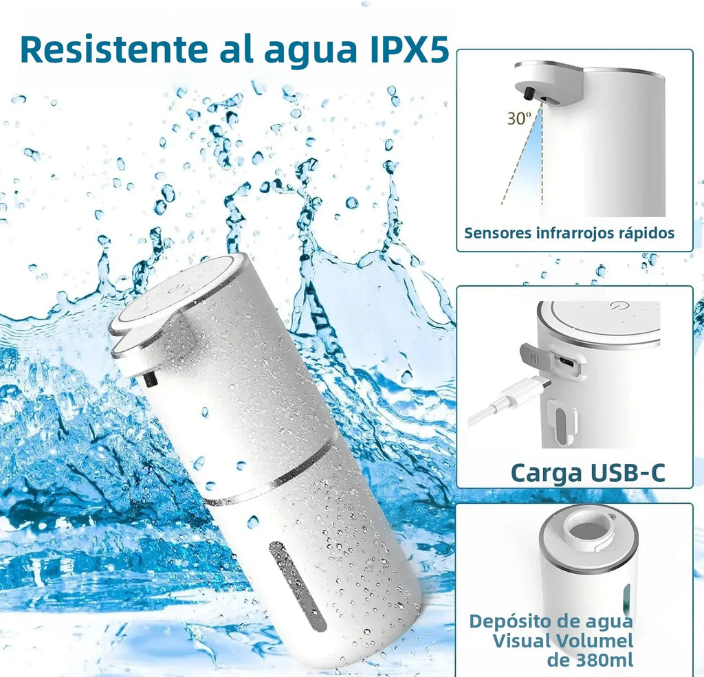 Dispensador de jabón automático resistente al agua IPX5, sensores infrarrojos, carga USB-C, depósito 380ml.
