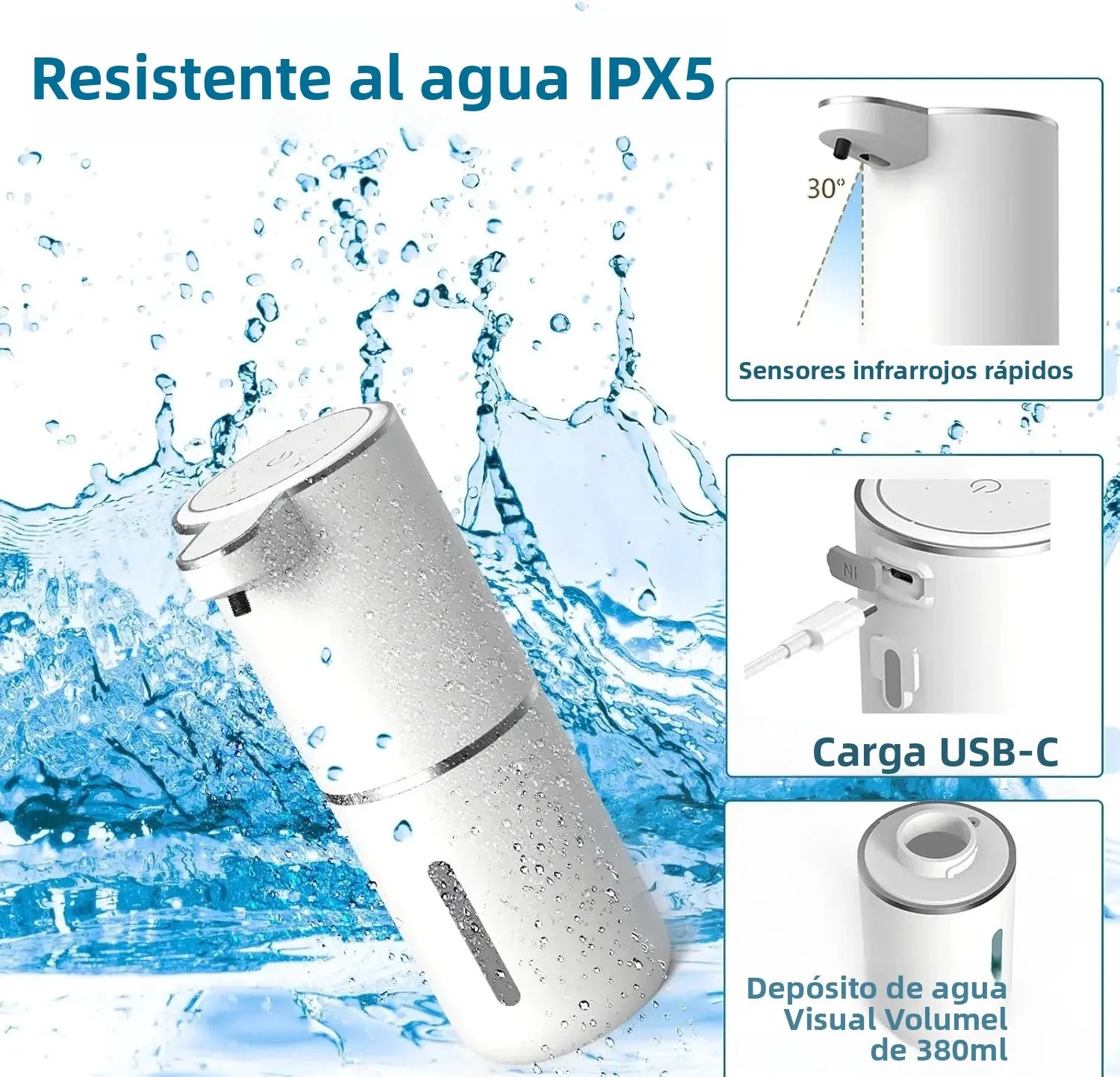 Dispensador de jabón automático resistente al agua IPX5, sensores infrarrojos, carga USB-C, depósito 380ml.