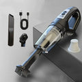 Aspiradora portátil negra inalámbrica con accesorios y filtro HEPA para limpieza del hogar.