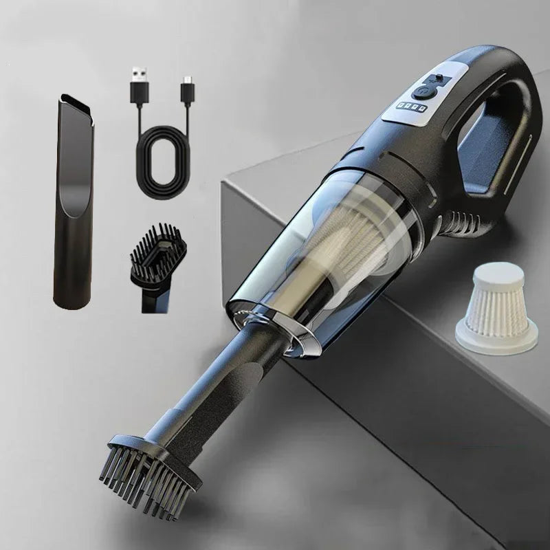 Aspiradora portátil negra inalámbrica con accesorios y filtro HEPA para limpieza del hogar.
