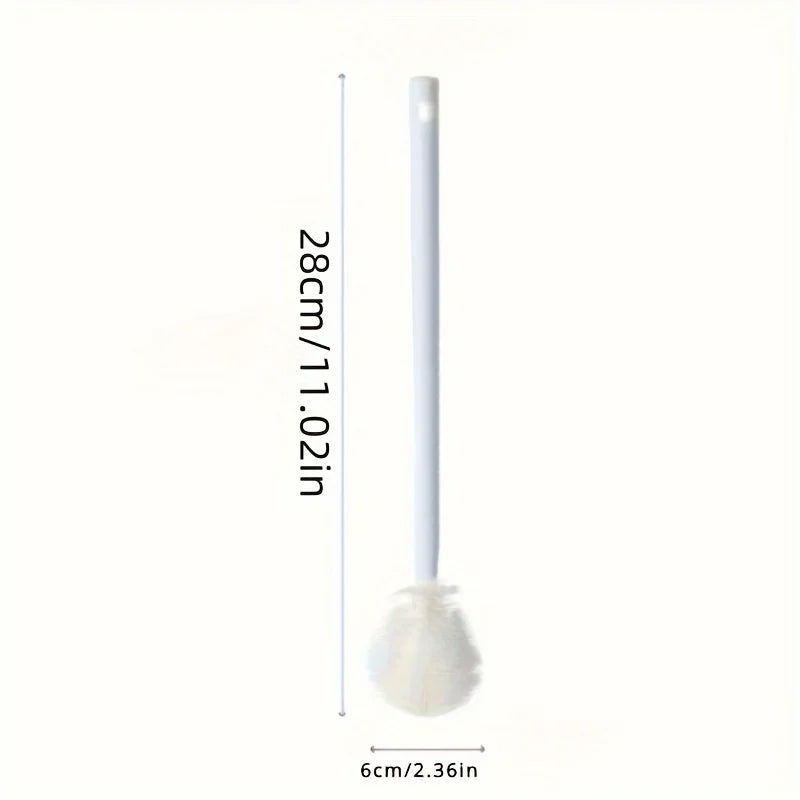 Cepillo de limpieza blanco con mango largo, ideal para botellas y vasos, medidas visibles