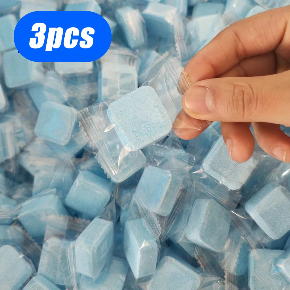 Pastillas de limpieza azul en envase individual, pack de 3 unidades, accesorio para el hogar.