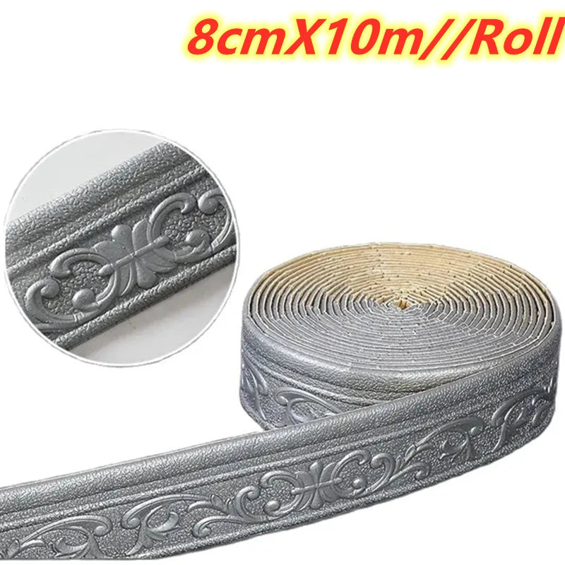 Rollo de cinta decorativa plateada autoadhesiva con relieve, tamaño 8cm x 10m, para paredes