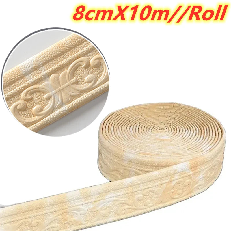 Cinta decorativa autoadhesiva beige con diseño en relieve, 8cm x 10m, ideal para paredes.