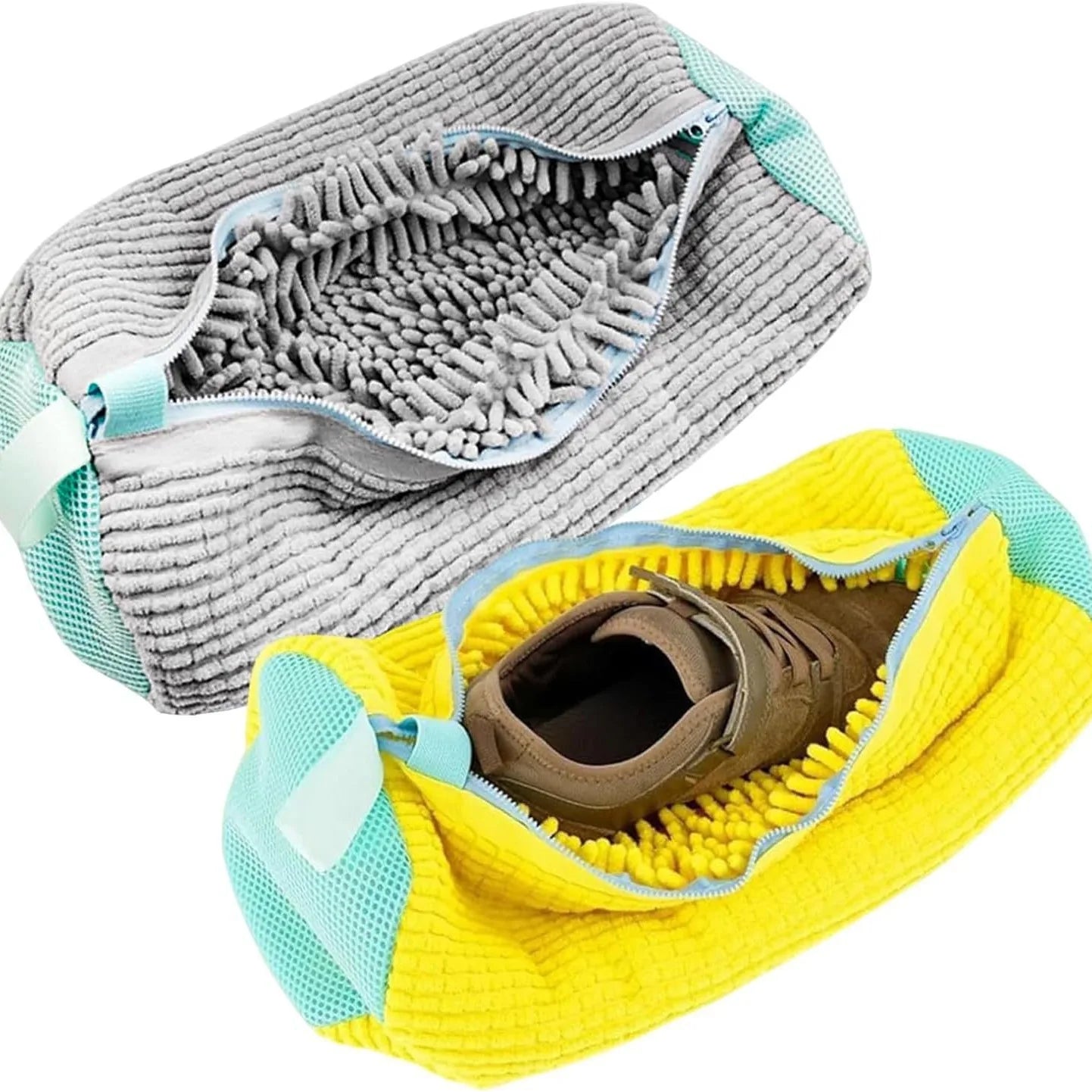 Bolsa organizadora de microfibra para zapatos, gris y amarilla, ideal para limpieza y viajes