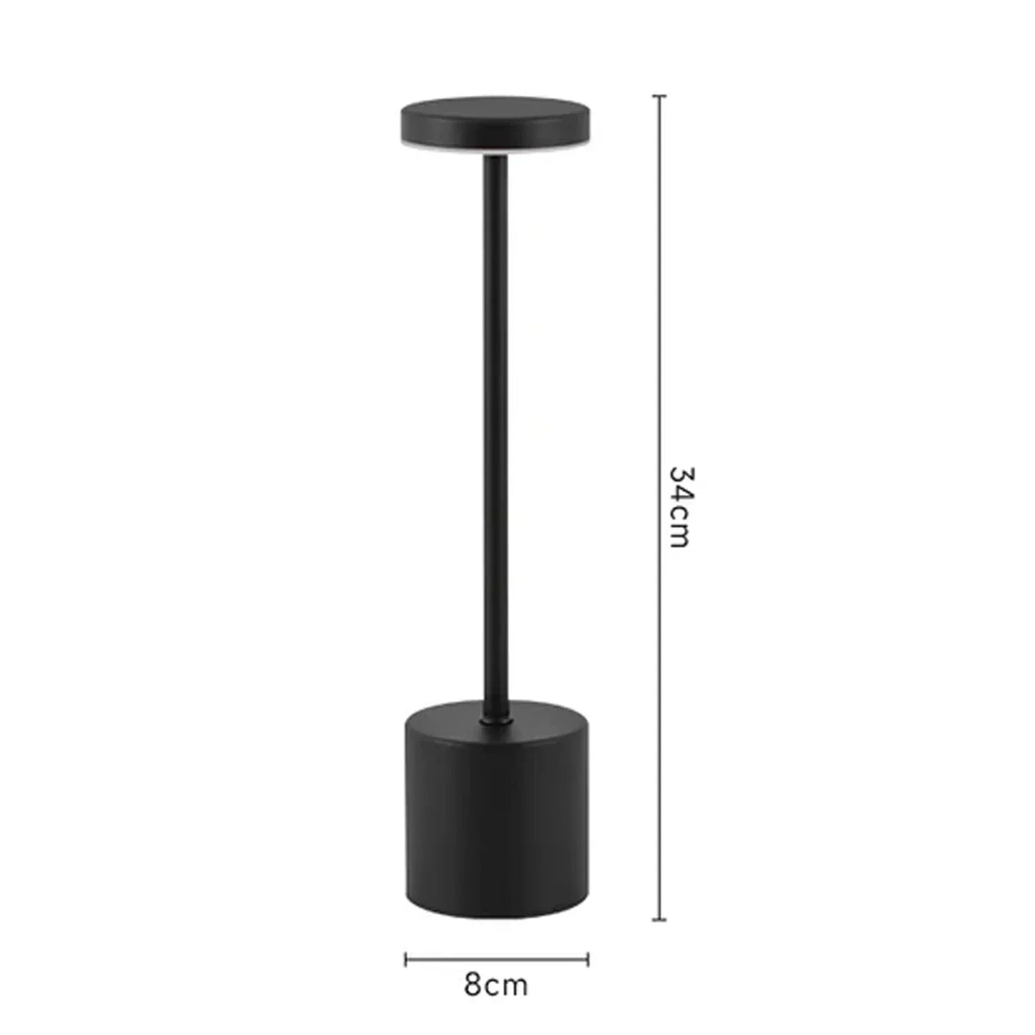 Lámpara LED de mesa negra, diseño minimalista, dimensiones 34 cm de alto por 8 cm de ancho
