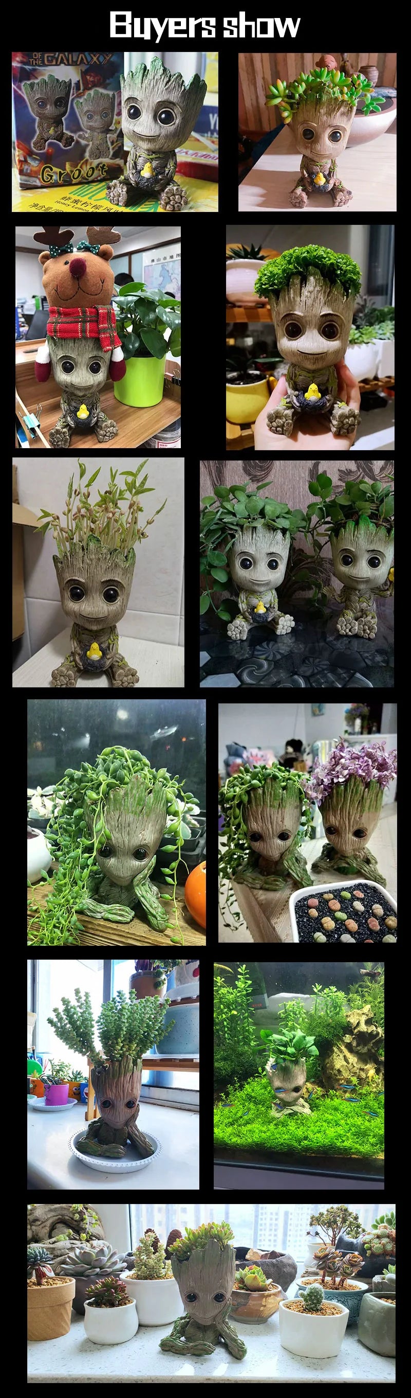 Maceta decorativa estilo Groot con plantas suculentas, ideal para decoración de interiores.