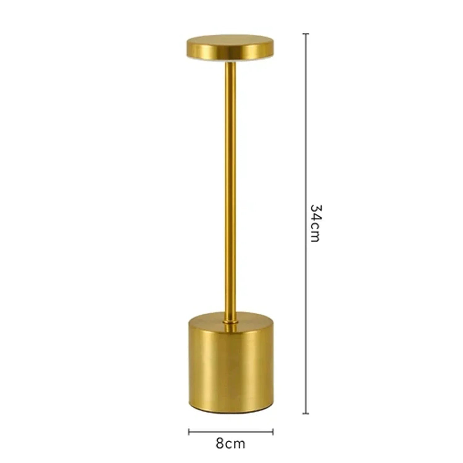 Lámpara LED dorada de mesa con diseño minimalista, dimensiones 34 cm alto por 8 cm ancho