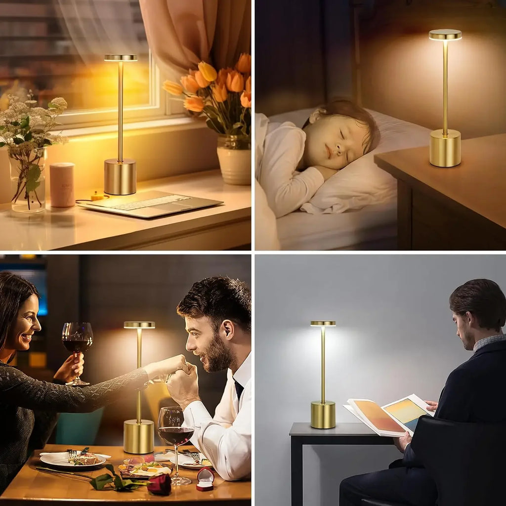 Lámpara LED dorada portátil para escritorio y mesa, ideal para dormitorio, oficina y cenas.