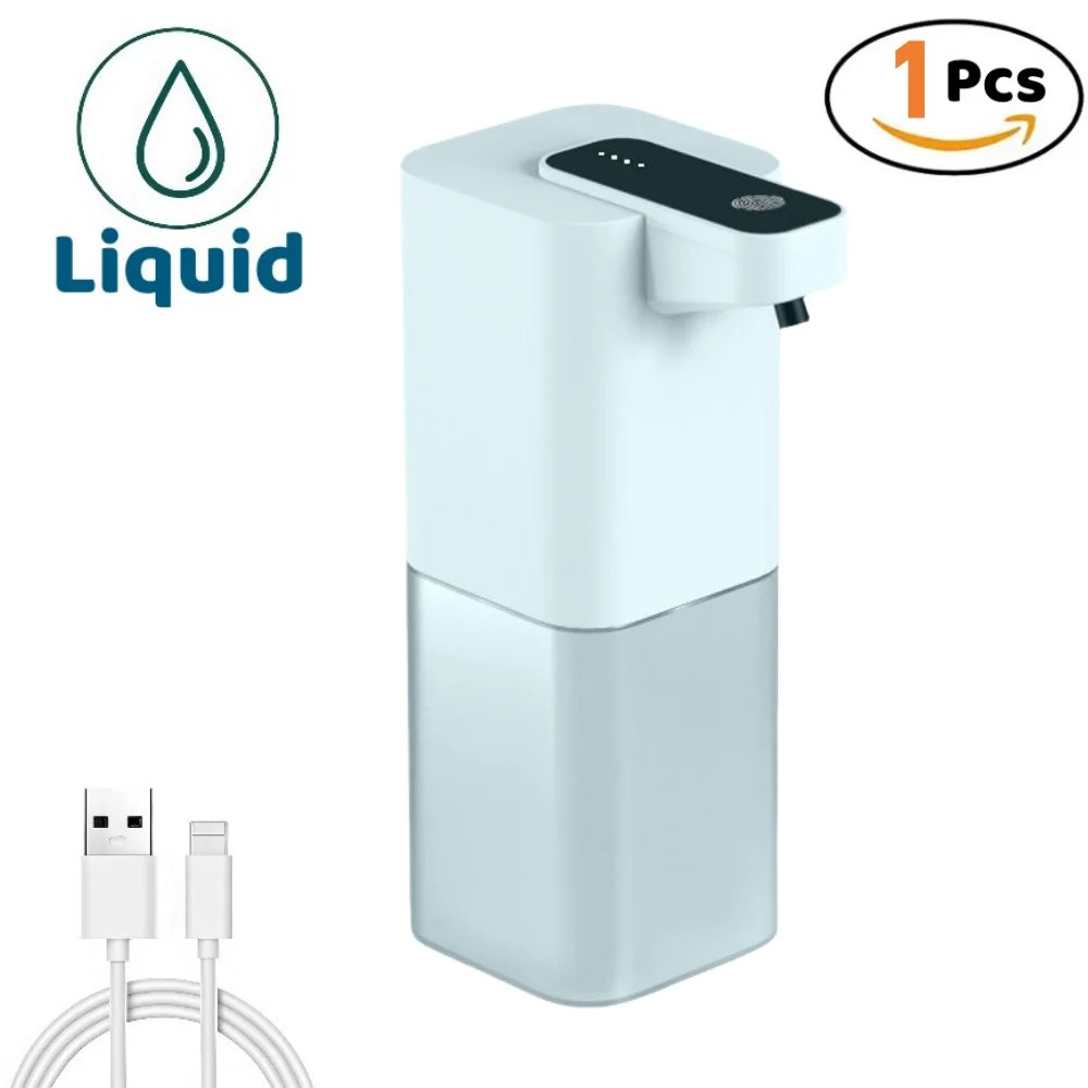 Dispensador automático de jabón líquido recargable con cable USB, color blanco y gris, ideal para baño o cocina.