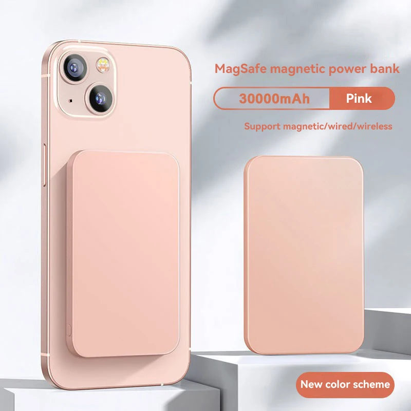Batería externa MagSafe de 30000mAh rosa para teléfono, carga magnética e inalámbrica.