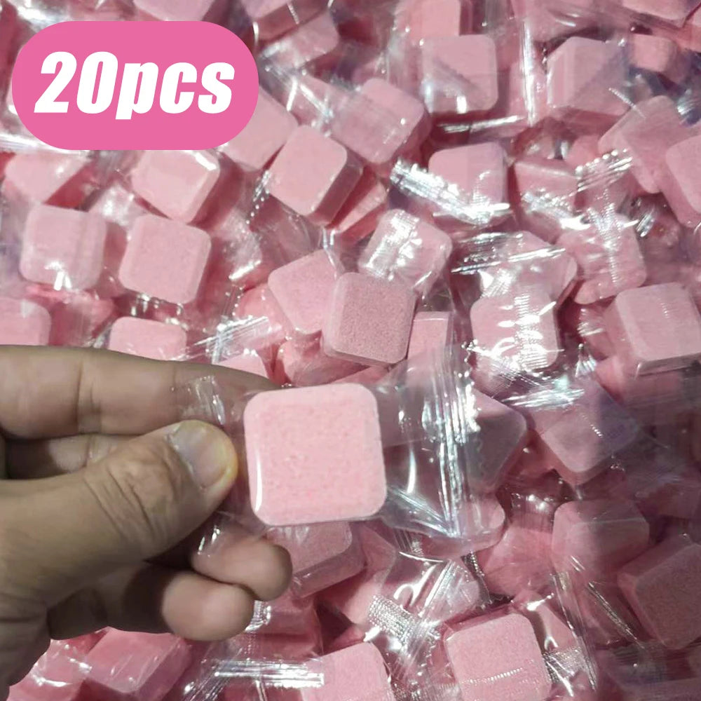 Tabletas limpiadoras rosas en envase individual, paquete de 20 unidades para el hogar.