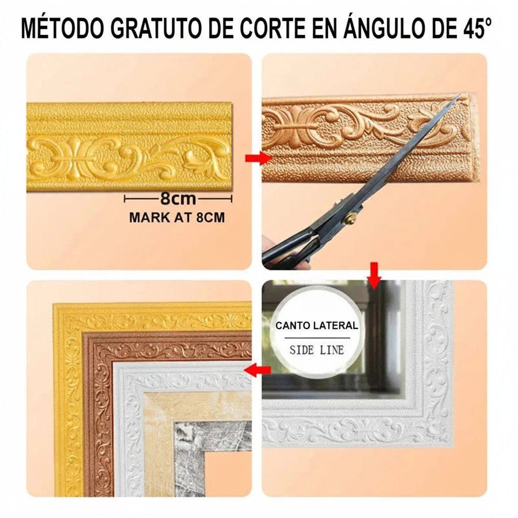 Guía visual para cortar molduras decorativas en ángulo de 45°, ideal para marcos de pared.
