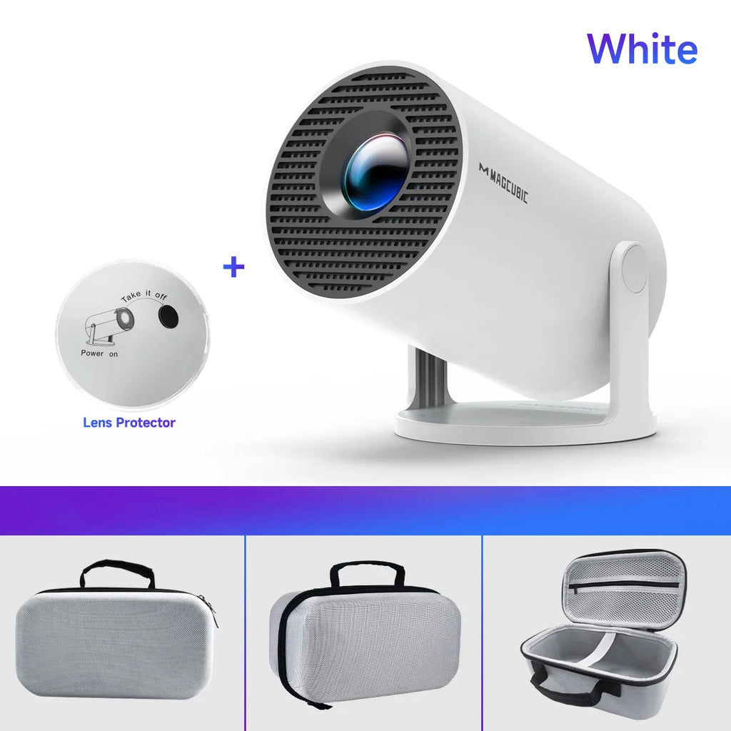 Proyector LED portátil blanco con protector de lente y estuche rígido para almacenamiento