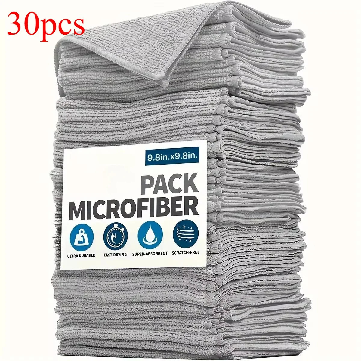 Pack de 30 paños de microfibra grises ultra absorbentes, ideales para limpieza del hogar.