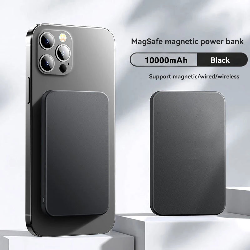 Batería externa MagSafe negra de 10000mAh compatible con carga inalámbrica para smartphone.
