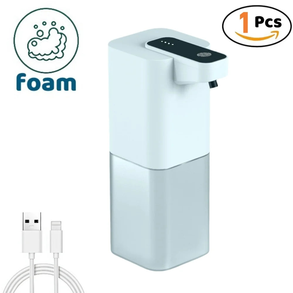 Dispensador automático de jabón espuma blanco y gris con cable USB para baño o cocina.