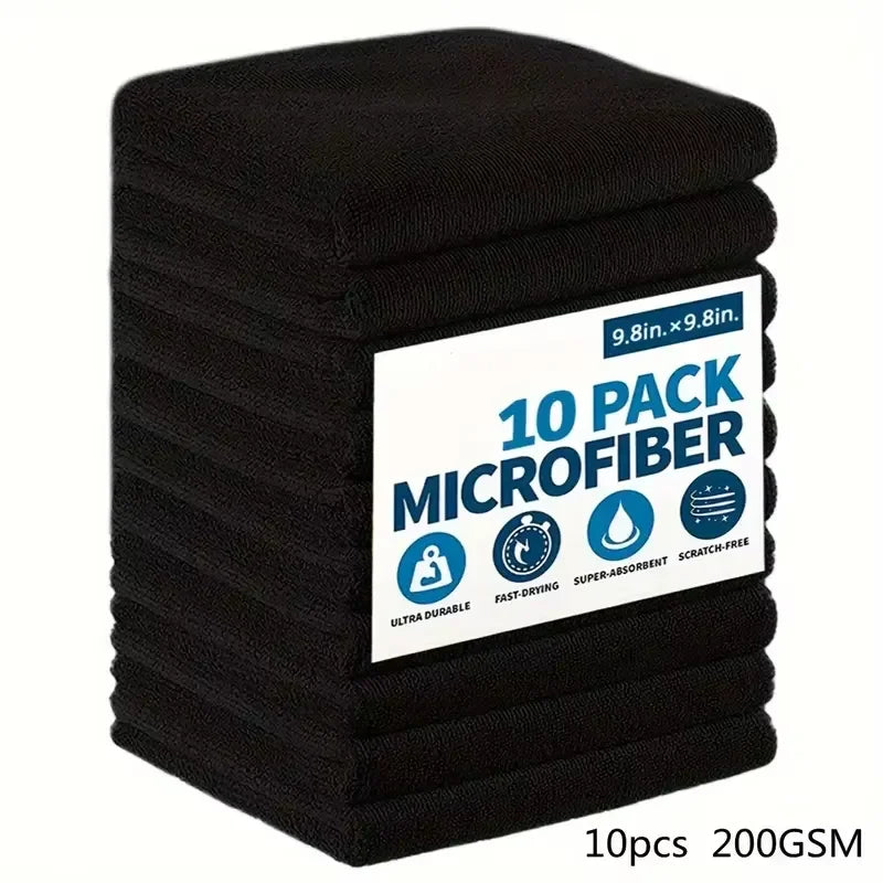 Paquete de 10 paños de microfibra negros para limpieza, ultra absorbentes y duraderos.
