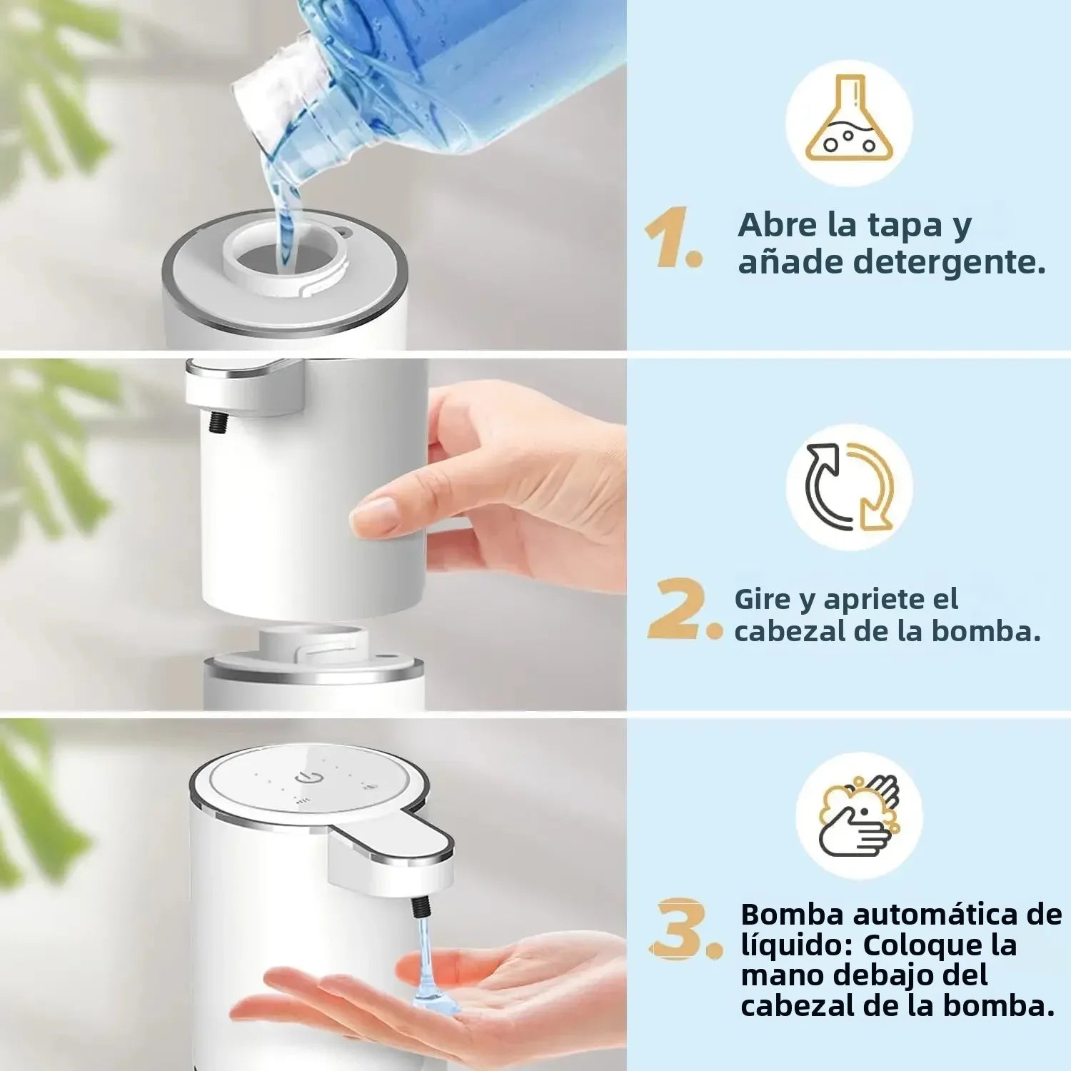 Instrucciones para dispensador automático de jabón líquido blanco, pasos para llenado y uso.