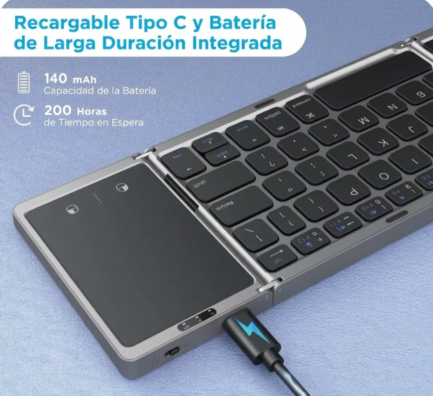 Teclado inalámbrico plegable con touchpad, carga USB tipo C y batería de larga duración