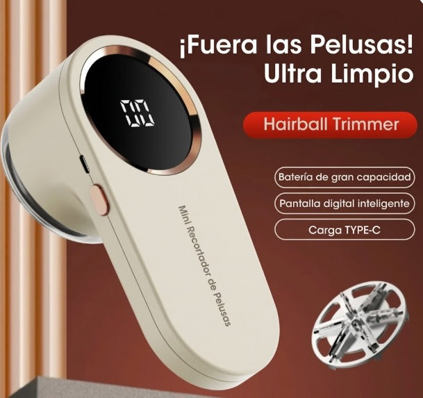 Mini quitapelusas eléctrico con pantalla digital, batería recargable y diseño compacto para limpieza de ropa.