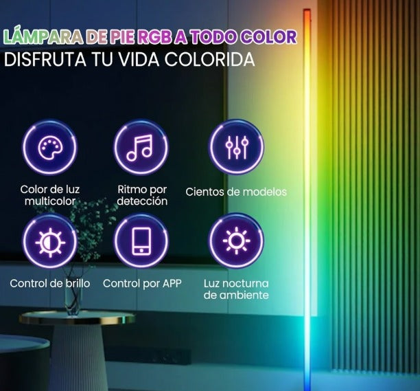 Lámpara de pie LED RGB multicolor para sala moderna, control APP y brillo ajustable, ideal para decoración de hogar.