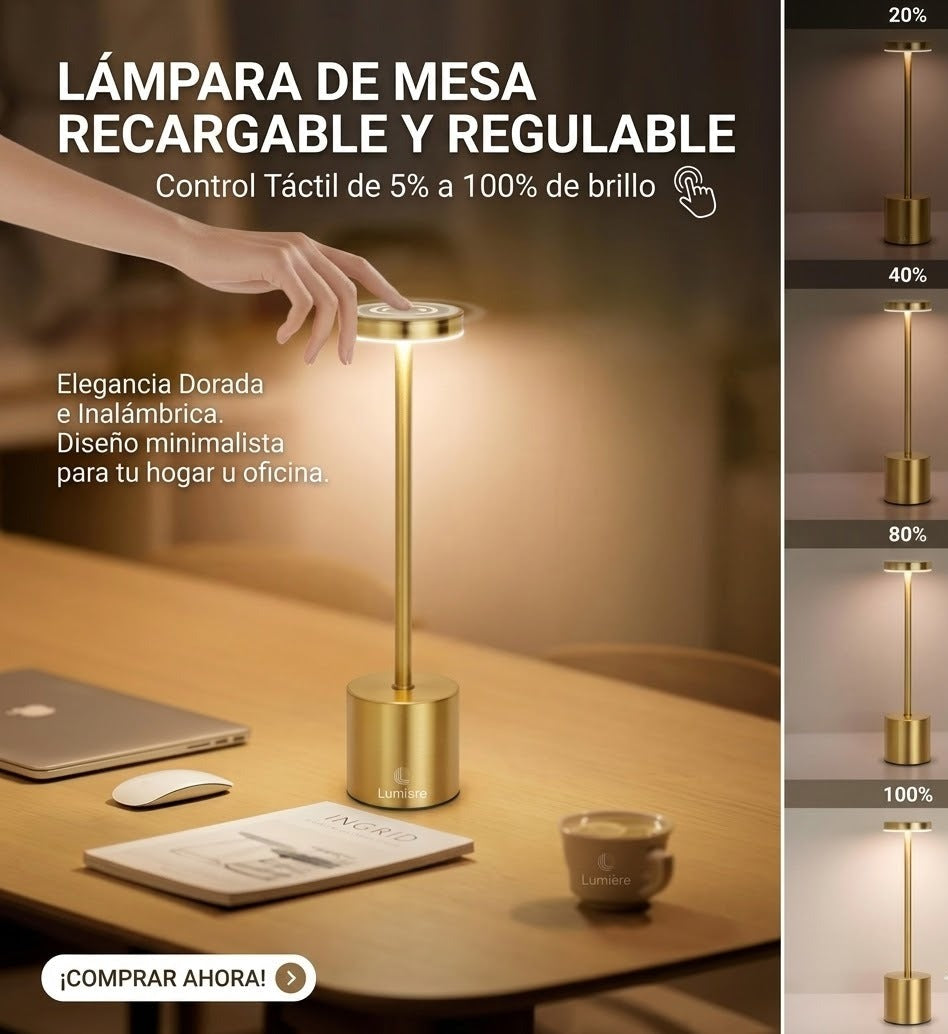 Lámpara de mesa LED dorada recargable, táctil y regulable, diseño minimalista en escritorio moderno.