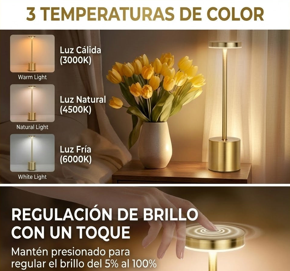 Lámpara LED de mesa dorada con ajuste de temperatura y brillo táctil en dormitorio moderno
