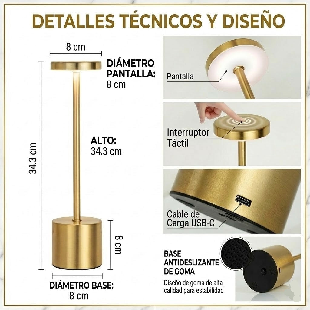 Lámpara LED dorada de mesa con interruptor táctil, carga USB-C y base antideslizante, diseño moderno.