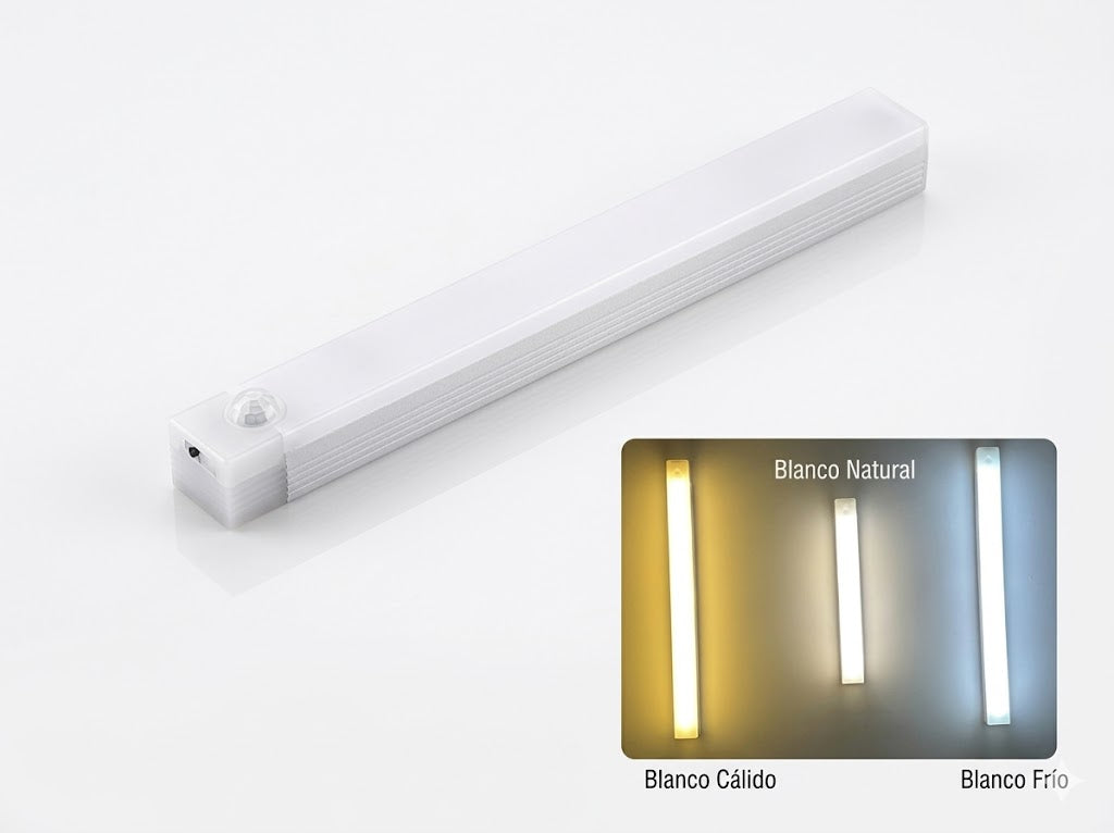 Luz LED alargada con sensor de movimiento, muestra tonos blanco cálido, natural y frío