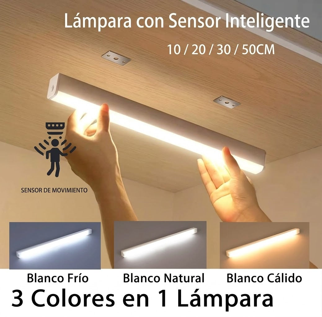 Lámpara LED con sensor inteligente de movimiento, instalación en techo, tres tonos de luz ajustables.