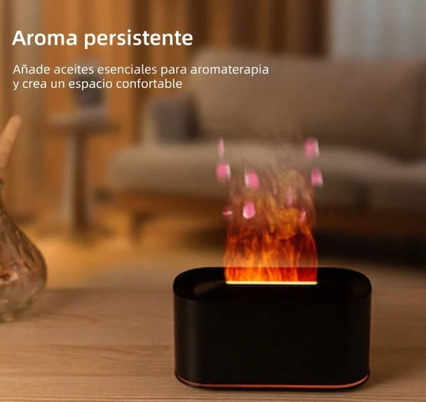 Difusor de aceites esenciales LED con efecto llama en sala moderna, aromaterapia para hogar.