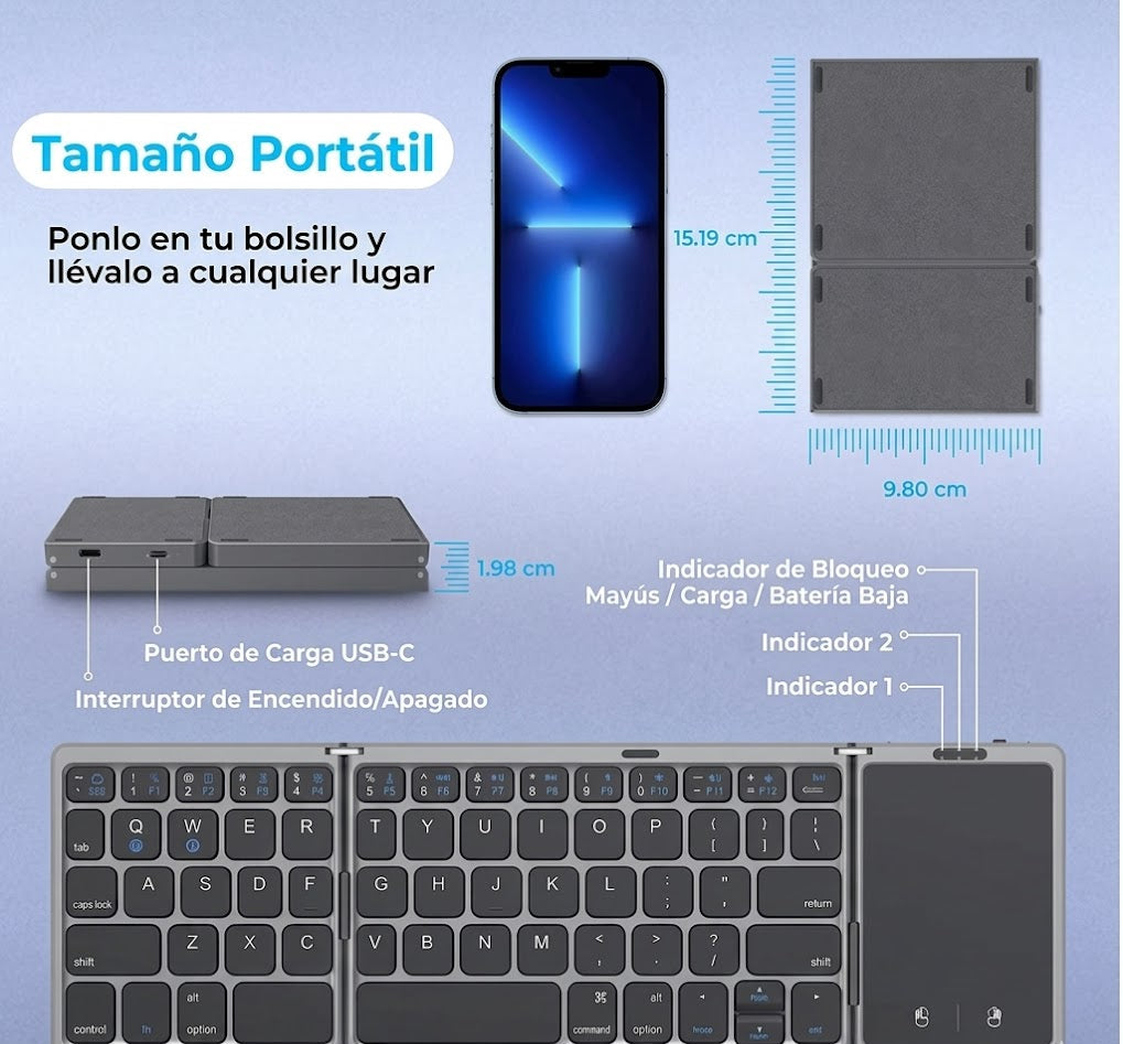 Teclado plegable portátil con puerto USB-C, tamaño compacto y múltiples indicadores, ideal para gadgets tecnológicos y accesorios de hogar moderno.